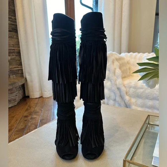Gucci black suede fringe open top boots with zippered back size 38.5 - Picture 2 of 13